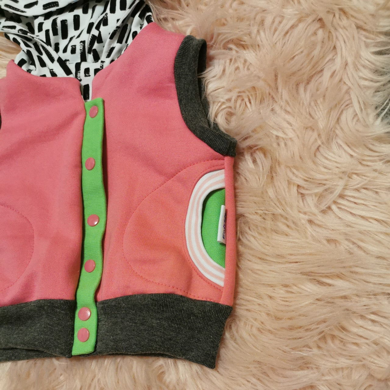 Reversible Sleeveless Popper Hoodie - Pink & Green/Abstract Stripes