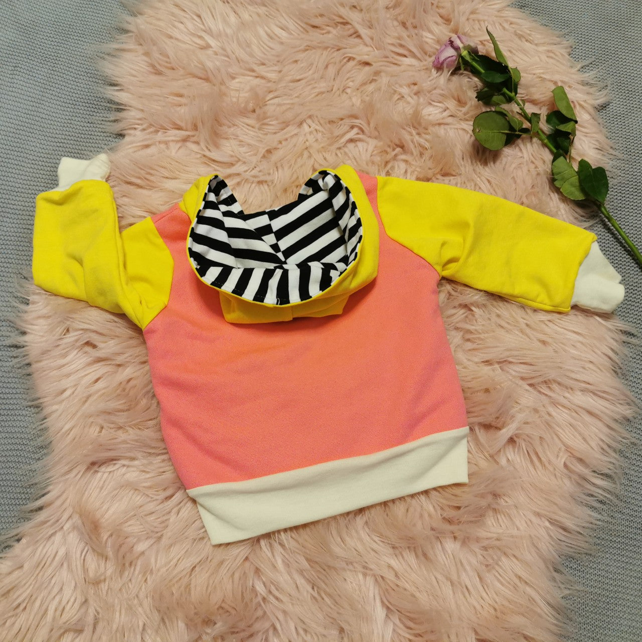 Reversible Popper Hoodie - Pink & Yellow/Abstract Stripes & Hearts