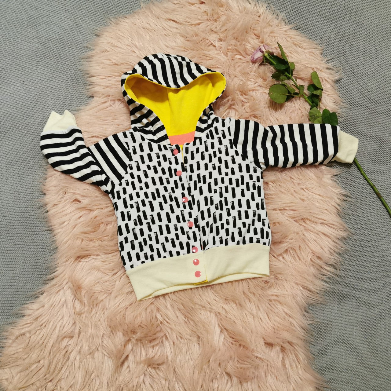 Reversible Popper Hoodie - Pink & Yellow/Abstract Stripes & Hearts