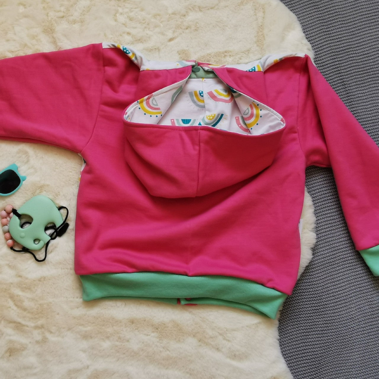 Reversible Popper Hoodie - Colourful Rainbows & Mint Spots/Pink