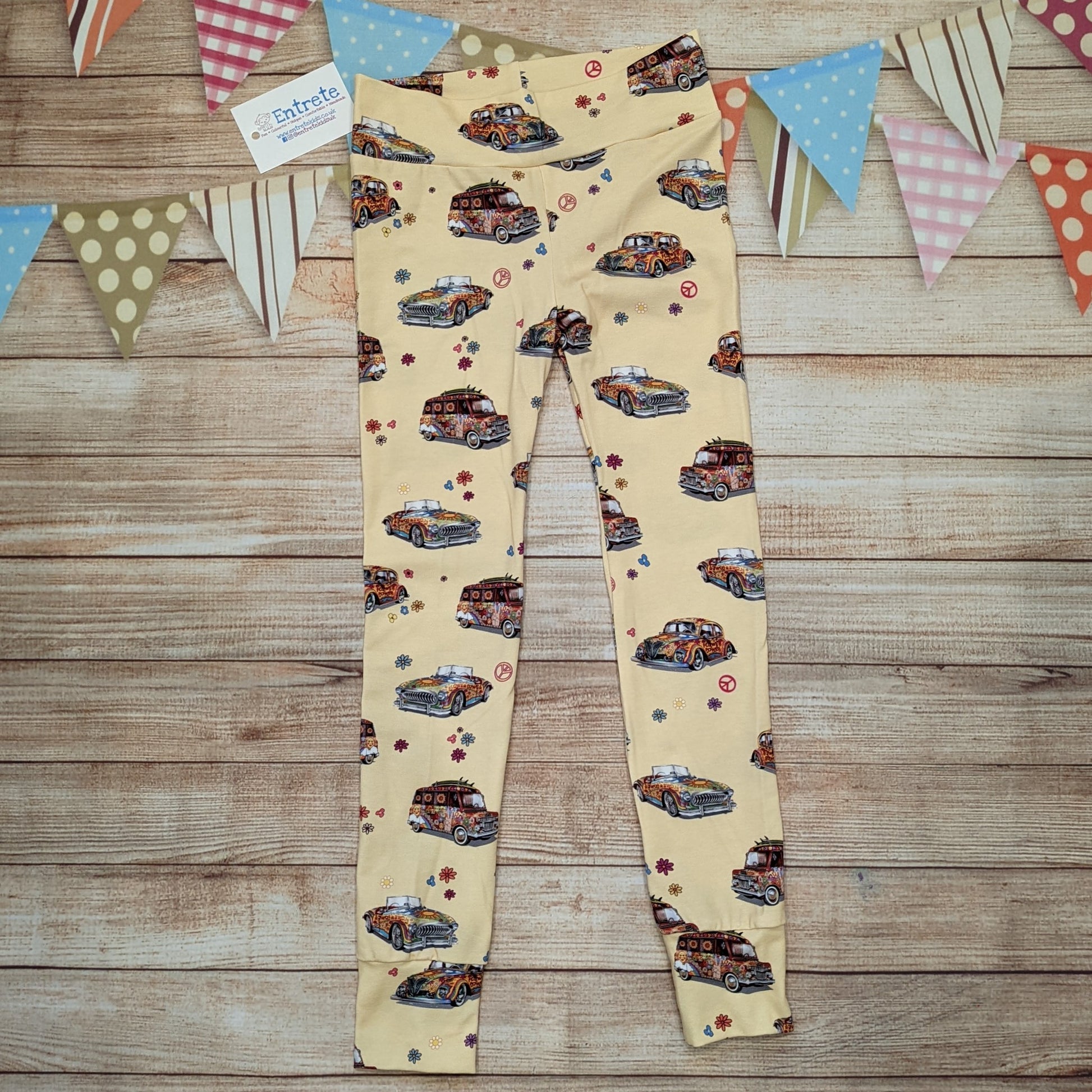 Fun retro hippie cars women's leggings, handmade using light yellow hippie cars cotton jersey.