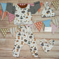 Cute and fun foxes and raccoons harem pants. Handmade using native American animals cotton jersey. Shown as a set with matching long sleeve tee, bamboo bib and tie top hat.