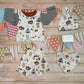 Cute foxes and raccoons shorts, handmade using native American animals cotton jersey. Shown with a matching long sleeve tee, bamboo bib and tie top hat.