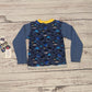 The fab navy sea creatures and striped long sleeve T-shirt. Handmade using navy sea life shadows and navy striped cotton jerseys' and yellow cotton ribbing. Shown from the rear.