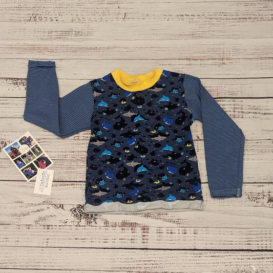 The fab navy sea creatures and striped long sleeve T-shirt. Handmade using navy sea life shadows and navy striped cotton jerseys' and yellow cotton ribbing. 