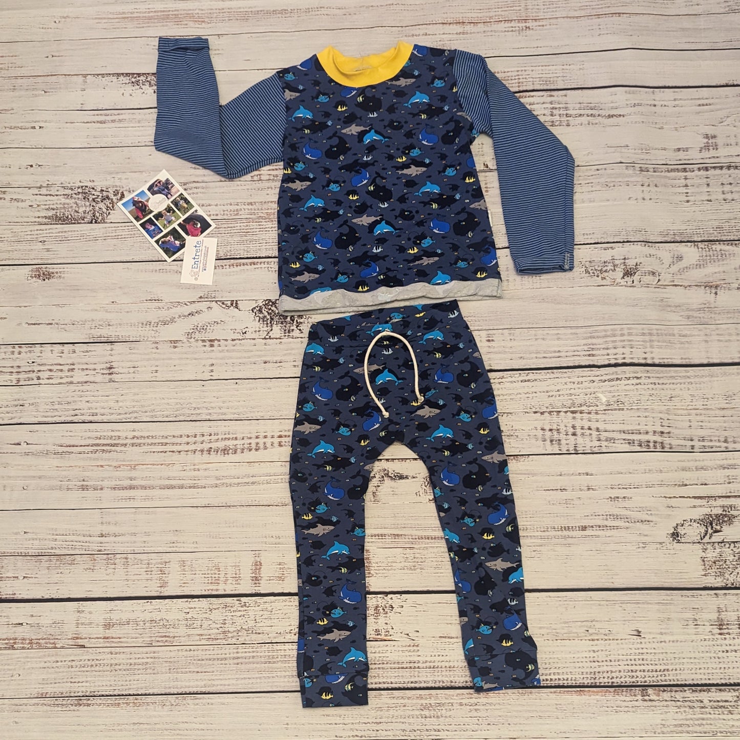 The fab navy sea creatures and striped long sleeve T-shirt. Shown as an outfit with matching harem joggers.