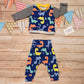 Prehistoric fun with the blue dinosaur harem pants, shown as an outfit with a matching long sleeved T-shirt.