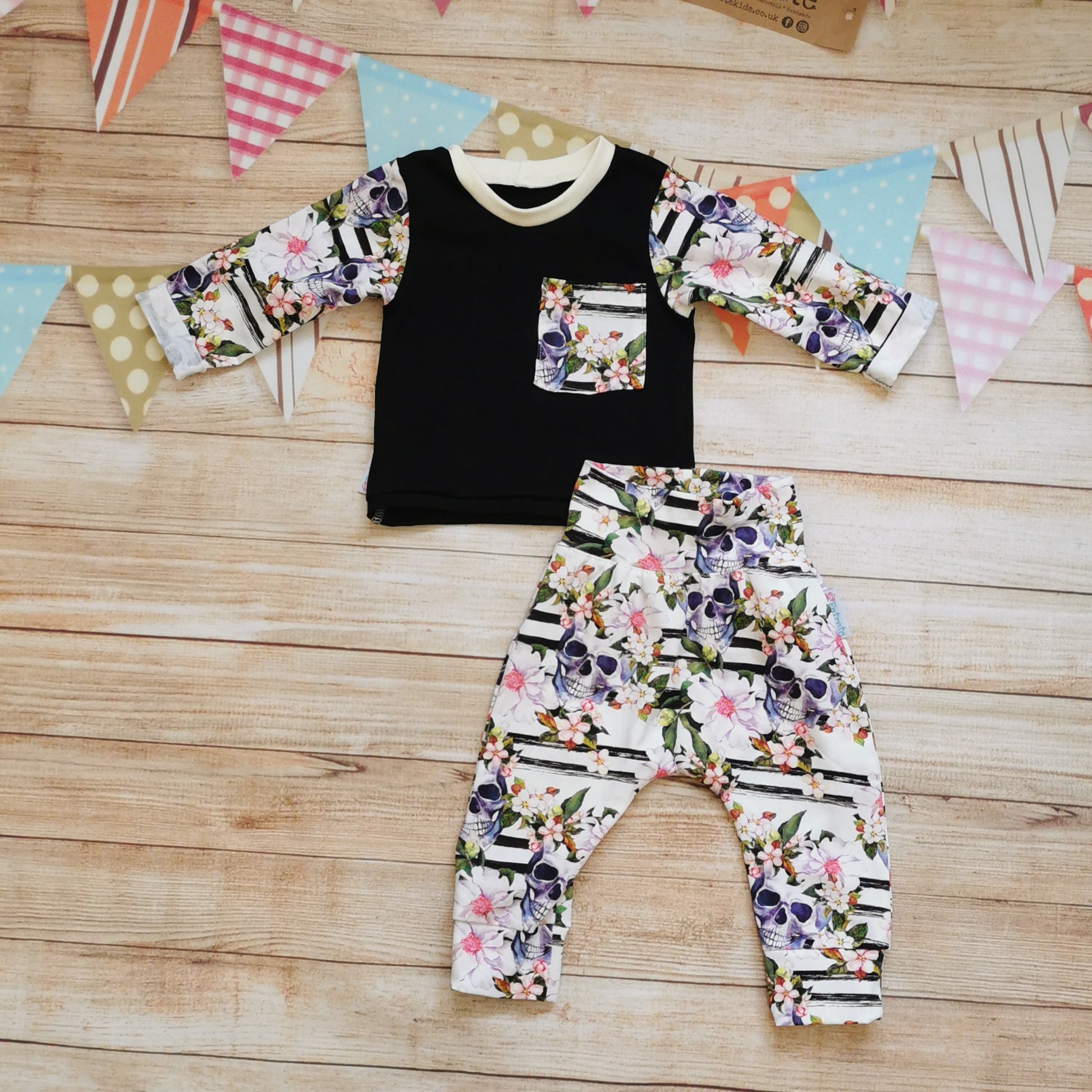 Skulls and flowers harems shown with a matching long sleeve t-shirt (sold separately)