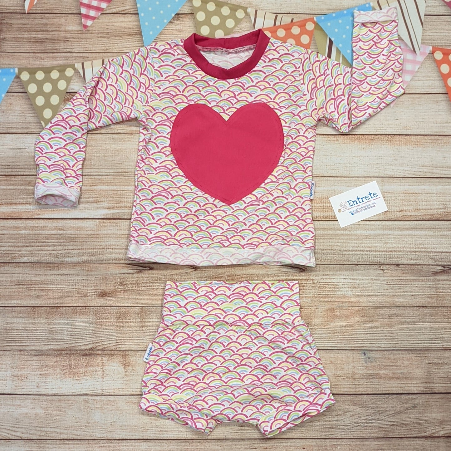 The adorable mini rainbows shorts. Shown as an outfit with a long sleeved mini rainbows heart t-shirt (sold separately).