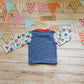 Rear view of the fun and colourful monsters & navy striped long sleeve t-shirt. Handmade using pale blue organic monsters cotton jersey on navy striped cotton jersey. With red cotton ribbing neck.