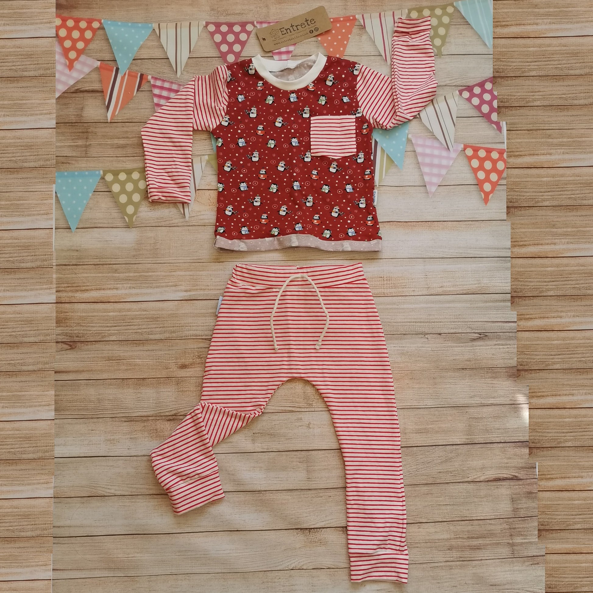 Soft and comfy harem joggers, handmade using red striped cotton jersey. Shown as a set with the Christmas red penguins top. (sold separately)