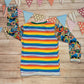 The awesome superhero tee. Handmade using superhero and red rainbow striped cotton jerseys' and green cotton ribbing. Shown from the back.