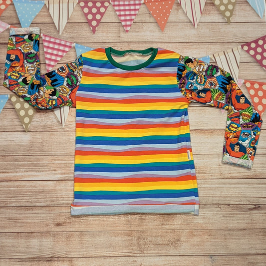 The awesome superhero tee. Handmade using superhero and red rainbow striped cotton jerseys' and green cotton ribbing.