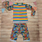 The awesome superhero tee. Handmade using superhero and red rainbow striped cotton jerseys' and green cotton ribbing. Shown with matching superhero harem shorts. 