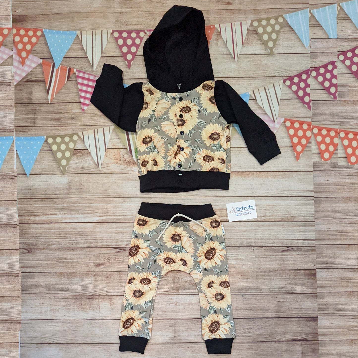 Pretty sunflowers harem joggers, handmade using sunflowers cotton French terry and black cotton ribbing. Shown with a matching hoodie.