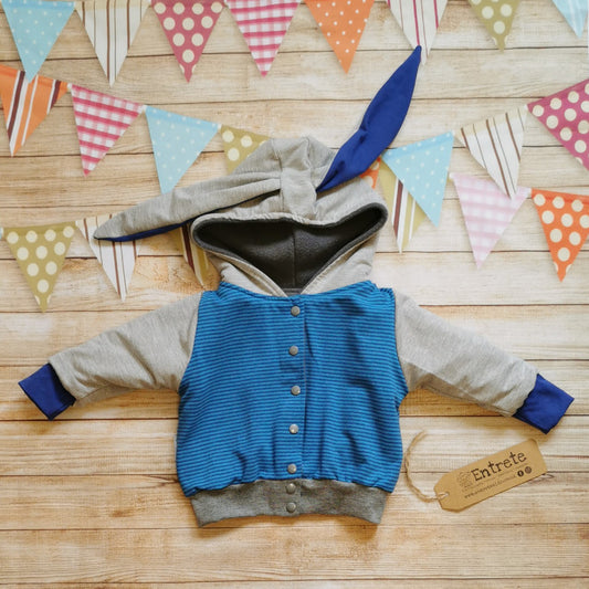 Reversible Popper Hoodie or Sleeveless - Blue Striped & Light Grey Bunny / Grey & Blue