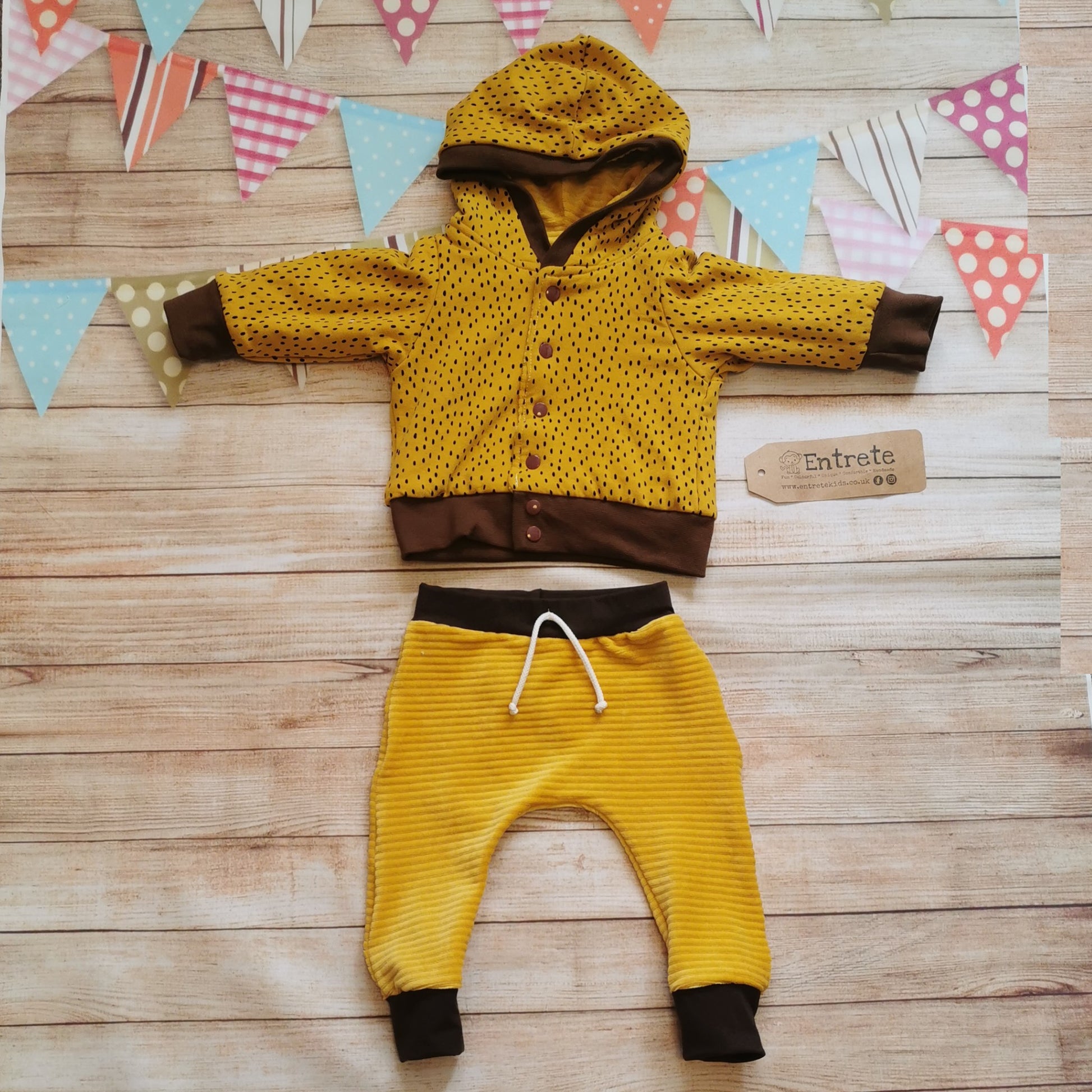 The delicious ochre corduroy and chocolate harem joggers. shown as a set with a matching lion cub and ochre dots reversible hoodie. Sold seperately.