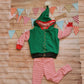 Fantastically fun elf hoodie shown as a set with matching red striped leggings. (sold separately)