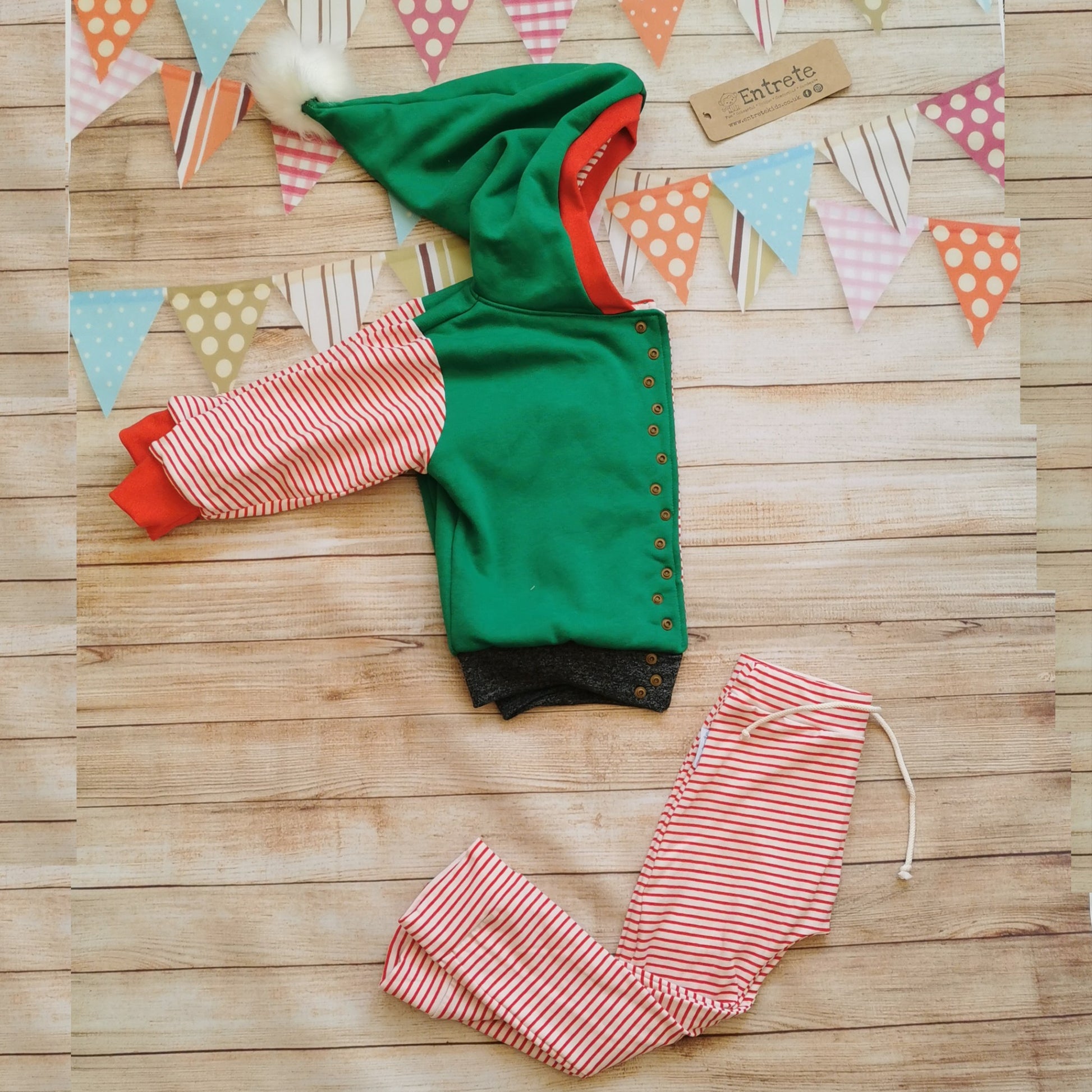 Soft and comfy harem joggers, handmade using red striped cotton jersey. Shown as a set with the fantastic green elf hoodie. (sold separately)