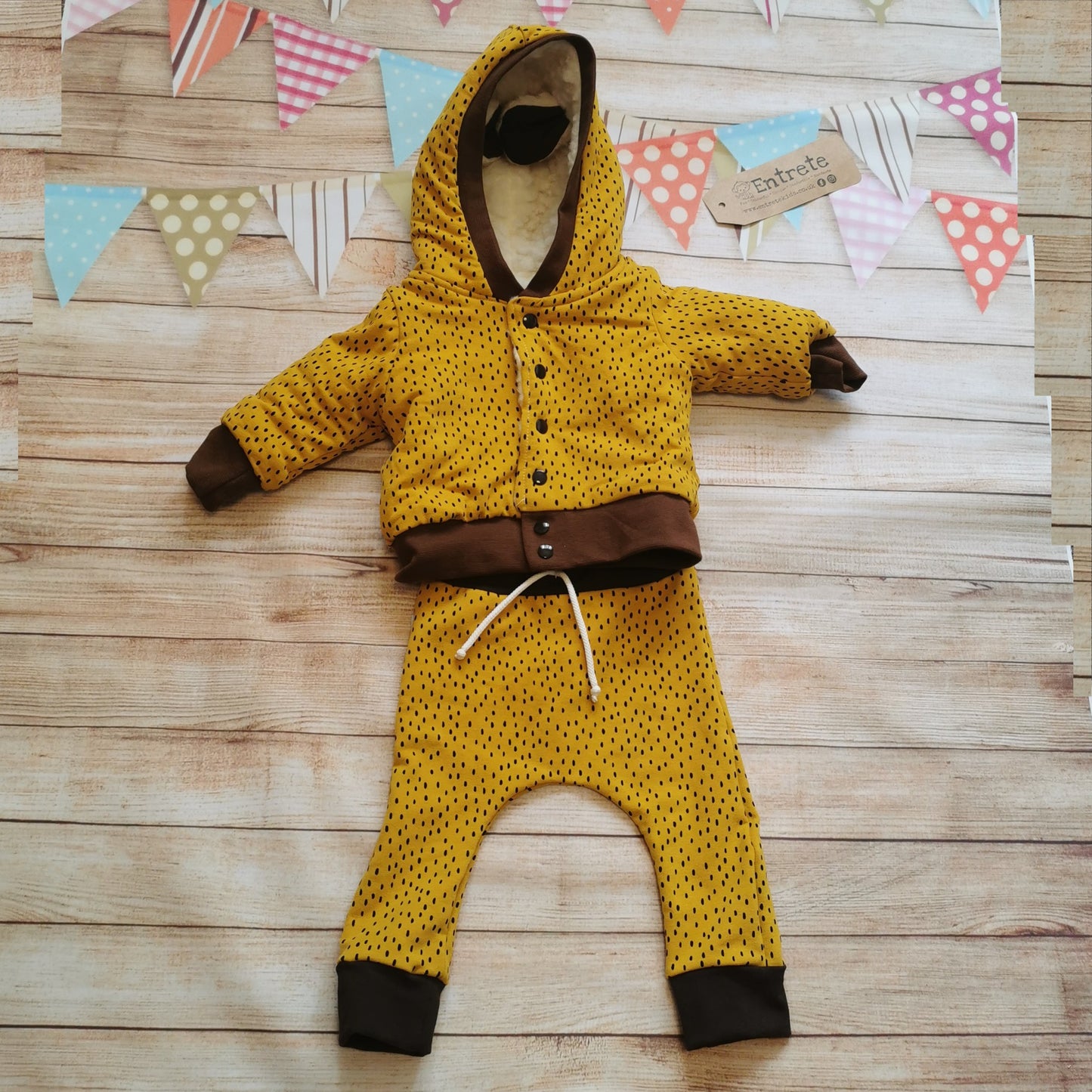 Reverse view of the ochre dots sheep hoodie, shown as a set with matching ochre dots harem joggers. (sold separately)