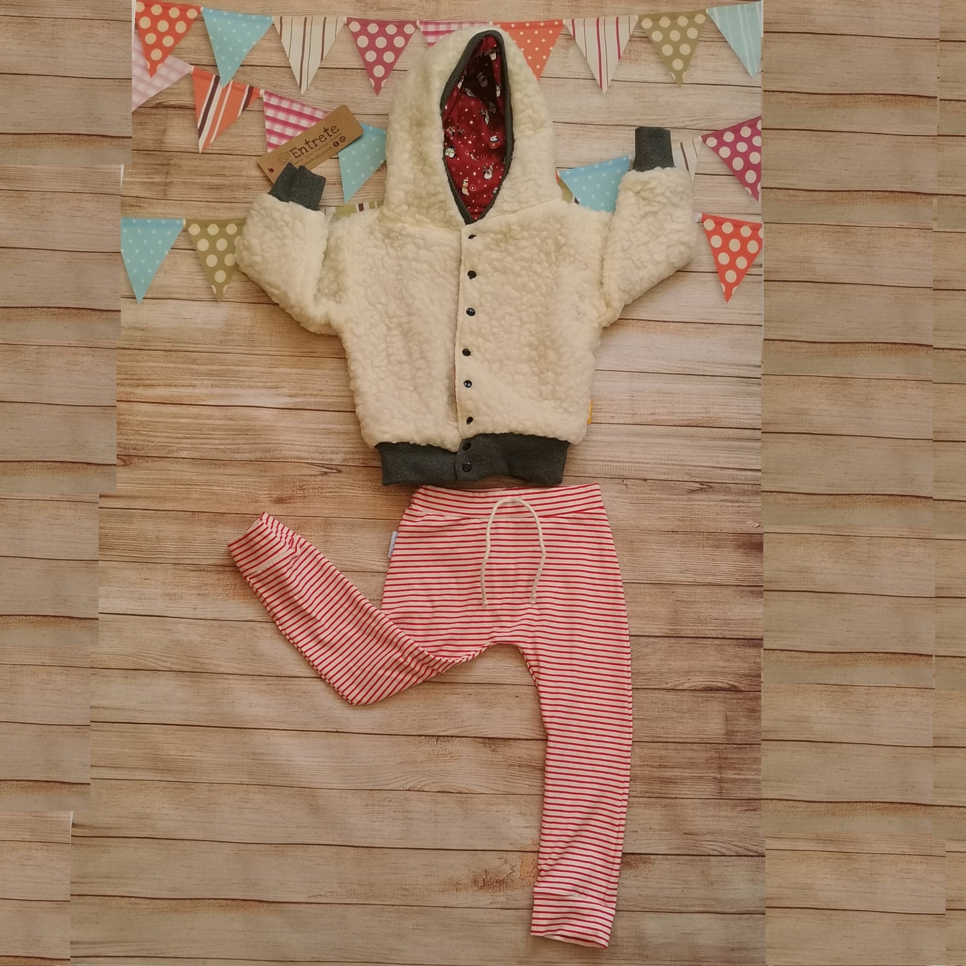 Soft and comfy harem joggers, handmade using red striped cotton jersey. Shown as a set with the warm sherpa and red penguins hoodie. (sold separately)