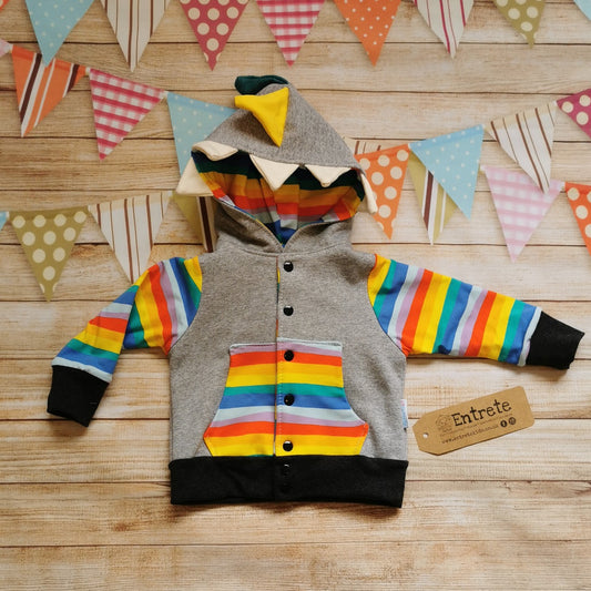 Reversible Popper Hoodie or Sleeveless - Light Grey & Red Rainbow Dinosaur / Red Rainbow Striped