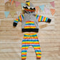 A matching red rainbow striped dinosaur hoodie, shown as a possible outfit. (sold separately)