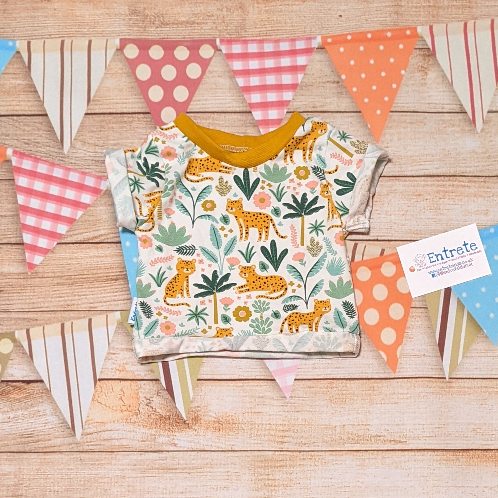 The gorgeous and elegant floral cheetah T-shirt. Handmade using floral cheetah and mustard cotton ribbing.