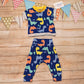 Prehistoric fun with the blue dinosaur harem pants, shown as an outfit with a matching short sleeved T-shirt.