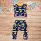 The fabulous blue dinosaurs harem joggers, shown as an outfit with a matching short sleeved T-shirt, perfect for your dinosaur fanatic.