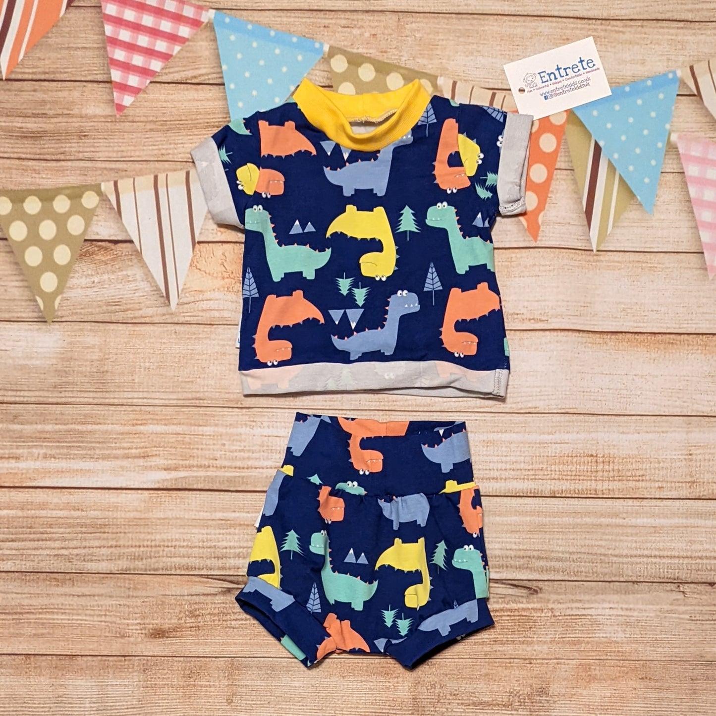 The soft, comfy and prehistorically fun blue dinosaur shorts. Shown as an outfit with a short sleeved t-shirt (sold separately)