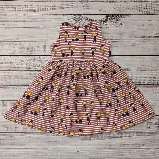 The fun girls on pink stripes girls dress. Handmade using girls on pink striped cotton jersey. Sleeveless model shown.