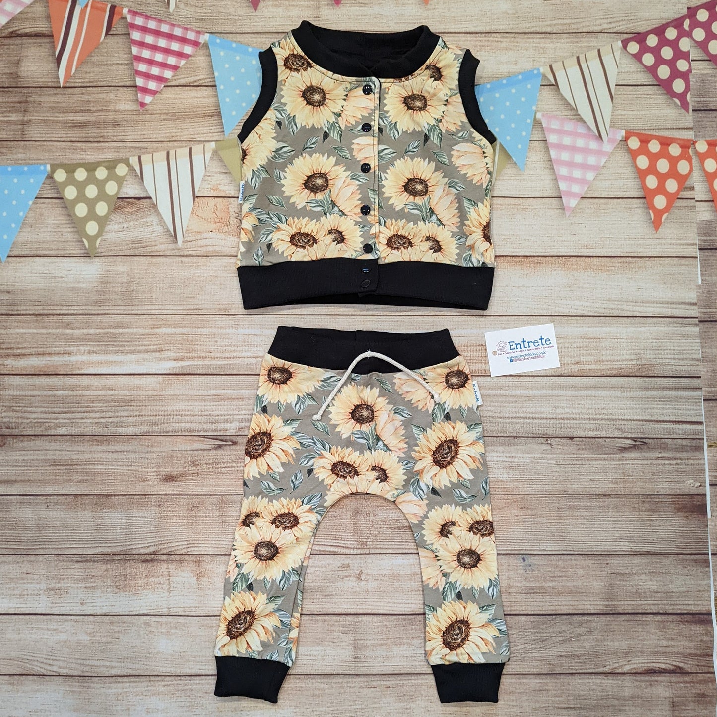 Pretty sunflowers harem joggers, handmade using sunflowers cotton French terry and black cotton ribbing. Shown with a matching sleeveless sweatshirt.