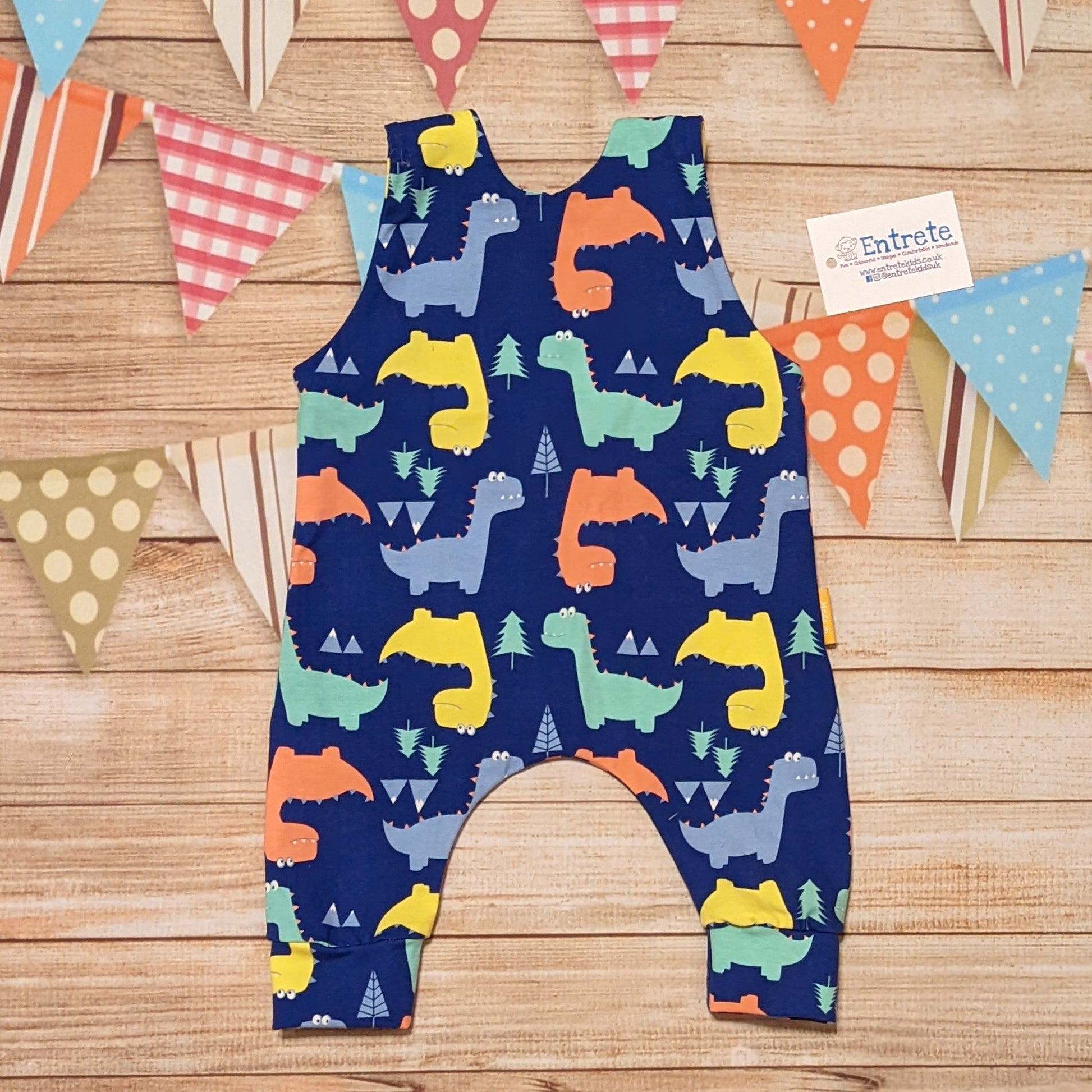 Colourful dinosaurs sleeveless romper, handmade using blue dinosaur cotton jersey. Shown from the rear.