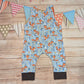 The adorable fantastic sky blue foxes romper. Handmade using sky blue foxes, orange and brown cotton jerseys'. Shown from the rear.