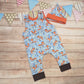 The adorable fantastic sky blue foxes romper. Handmade using sky blue foxes, orange and brown cotton jerseys'. Shown with a matching tie top hat.
