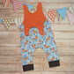 The adorable fantastic sky blue foxes romper. Handmade using sky blue foxes, orange and brown cotton jerseys'. Showing the shoulder popper entry open.