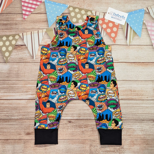 The awesome superhero sleeveless romper with it's comic strip print. Handmade using superhero and black cotton jerseys'.