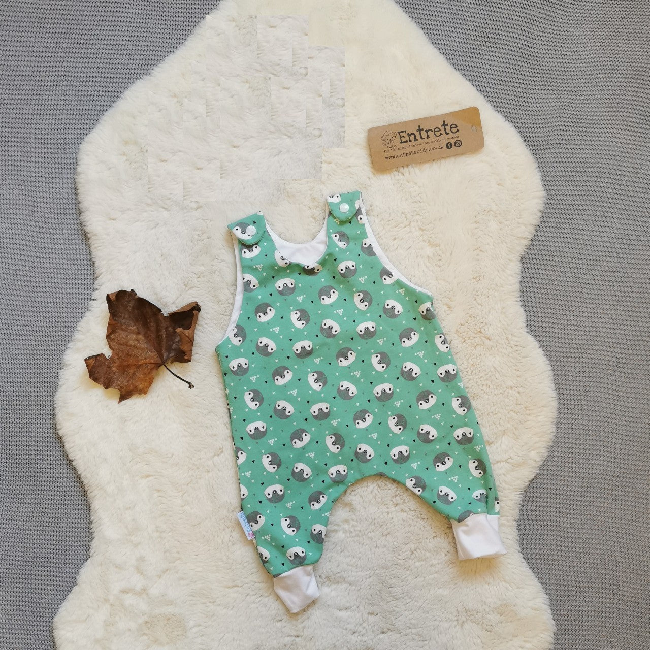 The gorgeously ethical organic mint penguins sleeveless romper. Handmade using mint penguins and white organic cotton jerseys' with a natural bamboo lining.