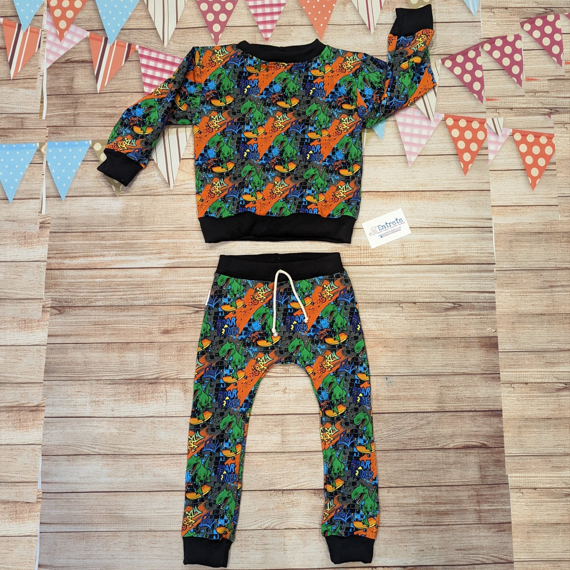 The insanely fun skateboarding dinosaurs harem joggers, shown as an outfit with a matching sweatshirt.