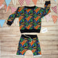 The insanely fun skateboarding dinosaurs harem shorts. Shown as an outfit with a matching sweatshirt.