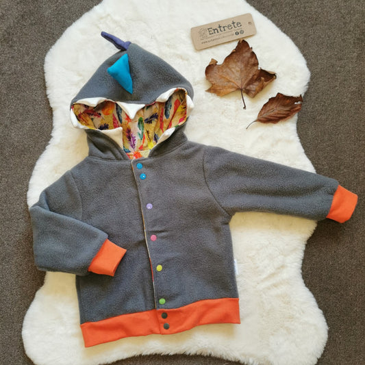 Reversible Popper Hoodie or Sleeveless - Grey & Orange Dinosaur / Feathers & Orange