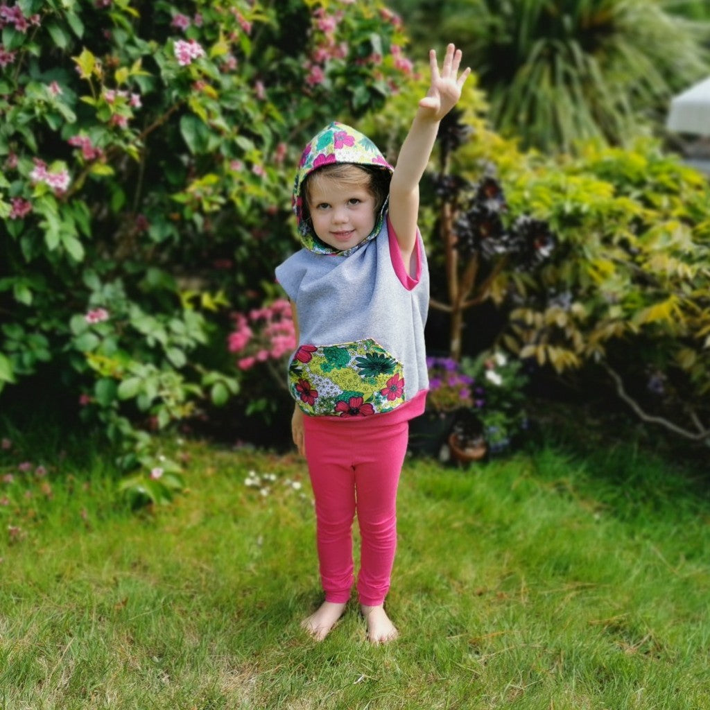Organic Fuchsia leggings, shown as an outfit modelled with a flower power sleeveless hoodie. (sold separately)