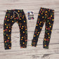 The vibrant and fun flowery chicks leggings. Handmade using soft and stretchy navy chicks cotton jersey. Shown with the harem jogger version of these bottoms.