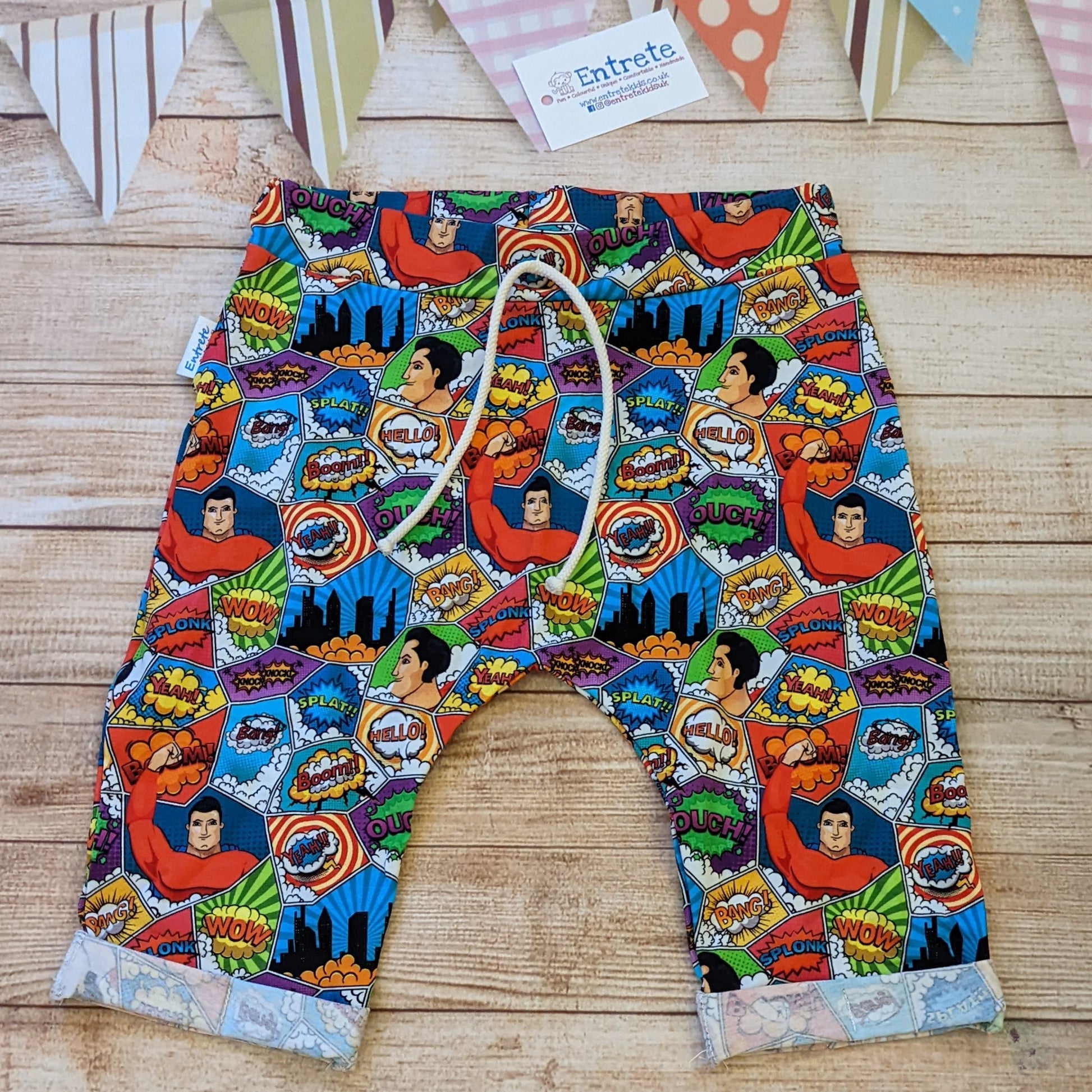 The awesomely colourful superhero harem shorts, perfect for the little superhero in your life. Handmade using superhero cotton jersey.