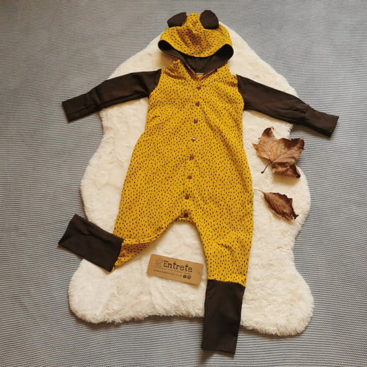The gorgeous and ethical organic lion cub romper. Handmade using ochre dots organic cotton French Terry and brown organic cotton jersey.
