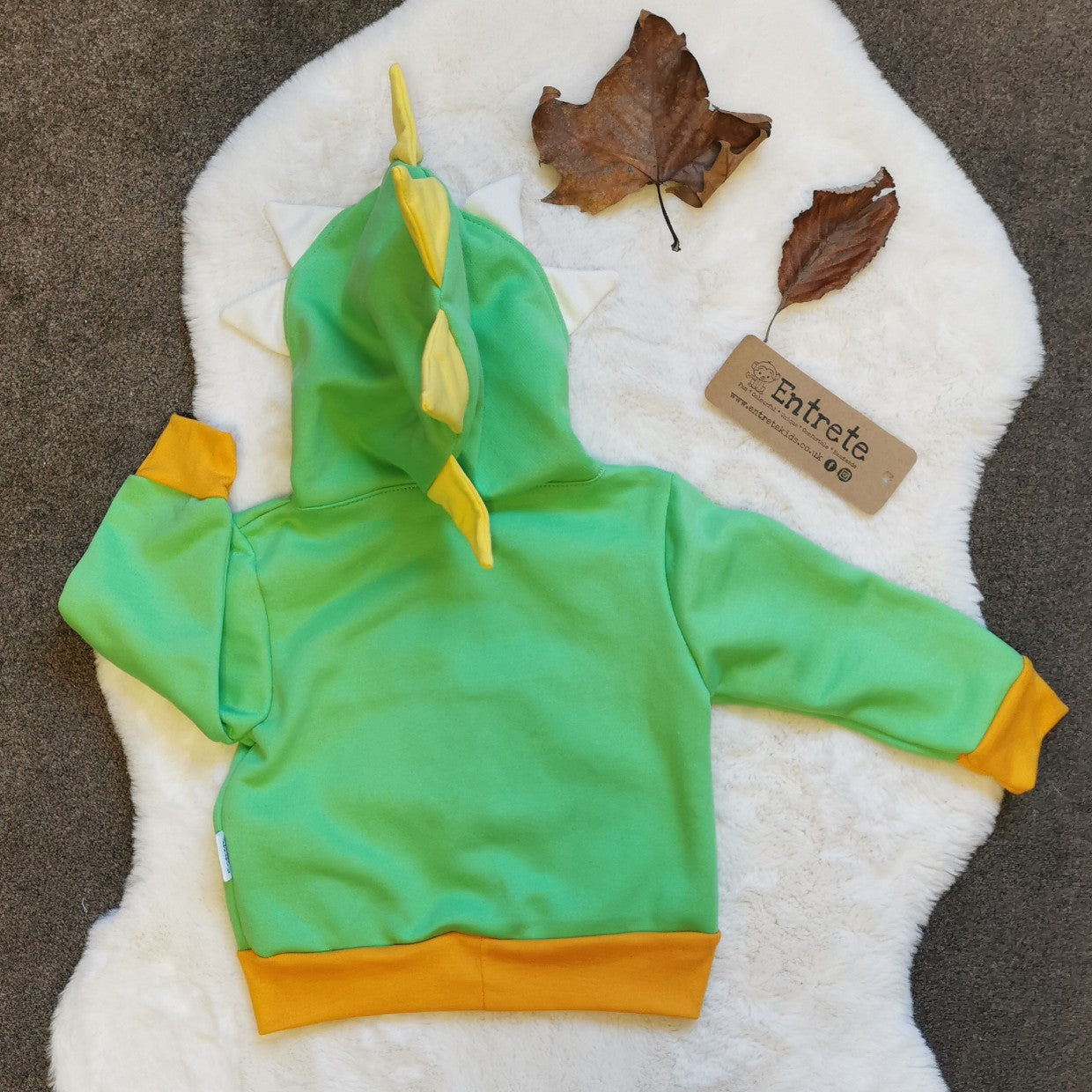 The vibrant and fun green and yellow dinosaur hoodie. Your little dinosaur fanatic won't want to take it off. From the rear.