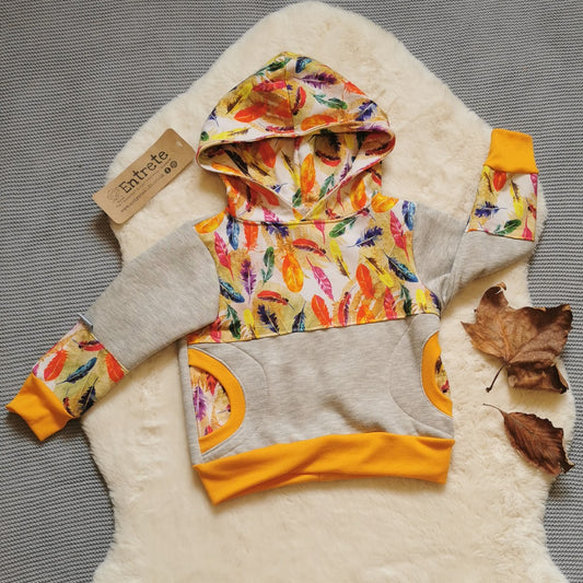 The colourful feathers hoodie, handmade using light grey cotton sweatshirt fleece, feathers cotton jersey and yellow cotton ribbing.
