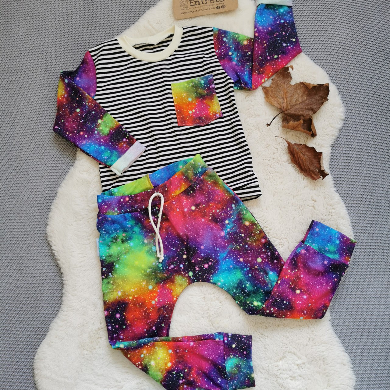 Gorgeously colourful speckled galaxy harem joggers, shown as a set with a matching top (sold separately)