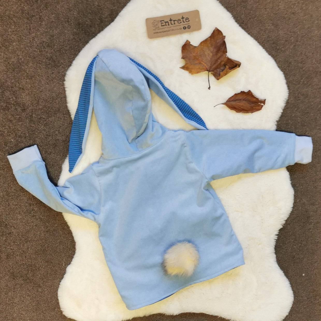Back of blue bunny coat showing bunny ears on the hood and pom pom bunny tail.